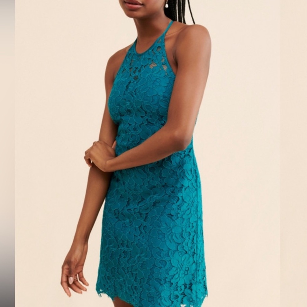 Anthropologie Hutch Teal Floral Lace Midi Dress racer back halter teal blue XS